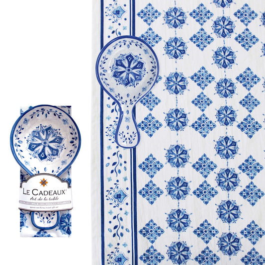 MOROCCAN BLUE SPOON REST WITH MATCHING TEA TOWEL GIFT SET