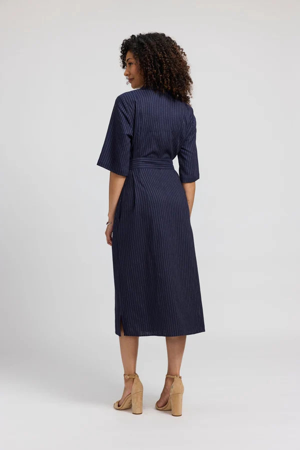 Aniston Pinstripe Linen Short Sleeve Dress-Navy