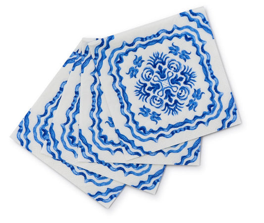 Blue Tile Block Print 3-ply Paper Cocktail Napkins