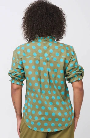 Good Girlfriend Shirt Short Sleeve with Ruffle Trim True Dot Olive/Cerulean