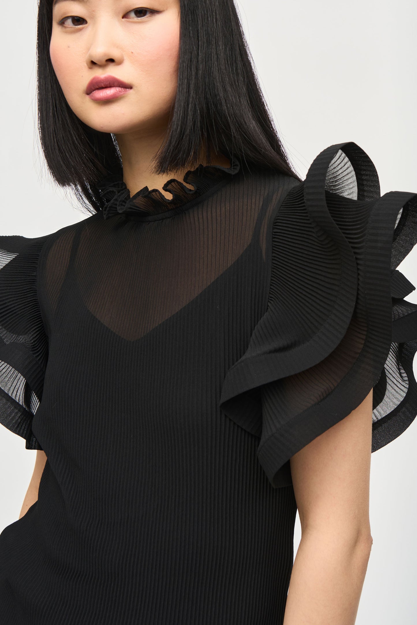 Chiffon Pleated Top With Ruffled Sleeves - Black