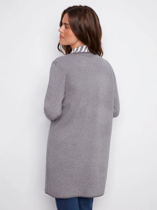Blanket Stitch Long Cardigan - Heather Grey