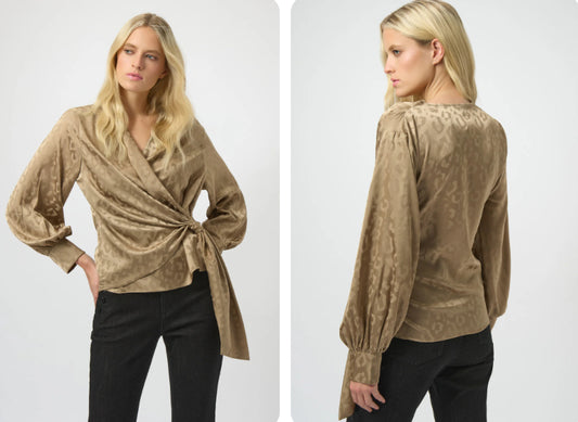 Silky Animal Print Wrap Top-Taupe
