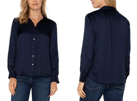 Long Sleeve Collared Button Front Blouse