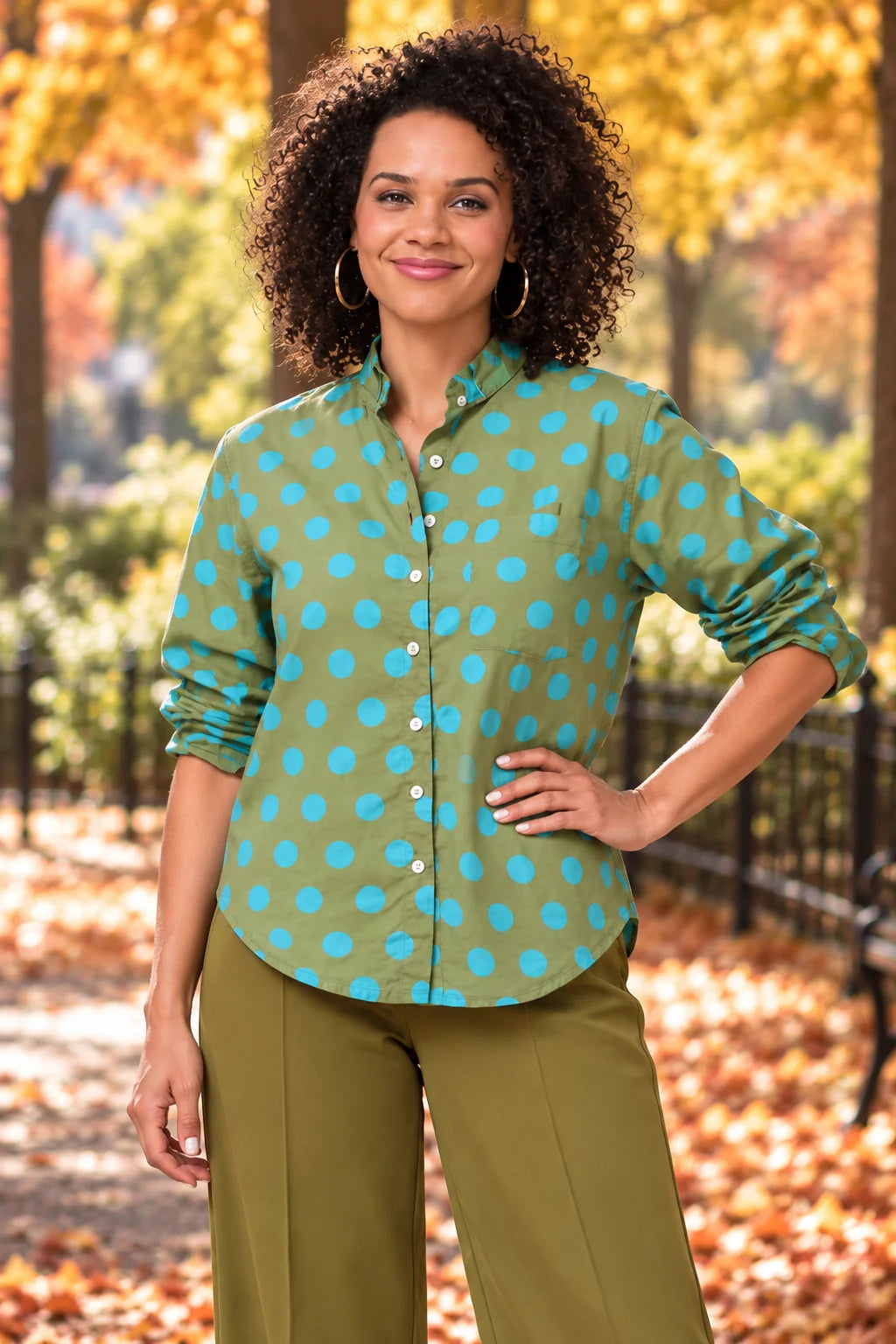Good Girlfriend Shirt Short Sleeve with Ruffle Trim True Dot Olive/Cerulean