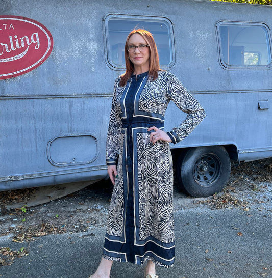 Drawstring Shirt Dress-Navy Multi
