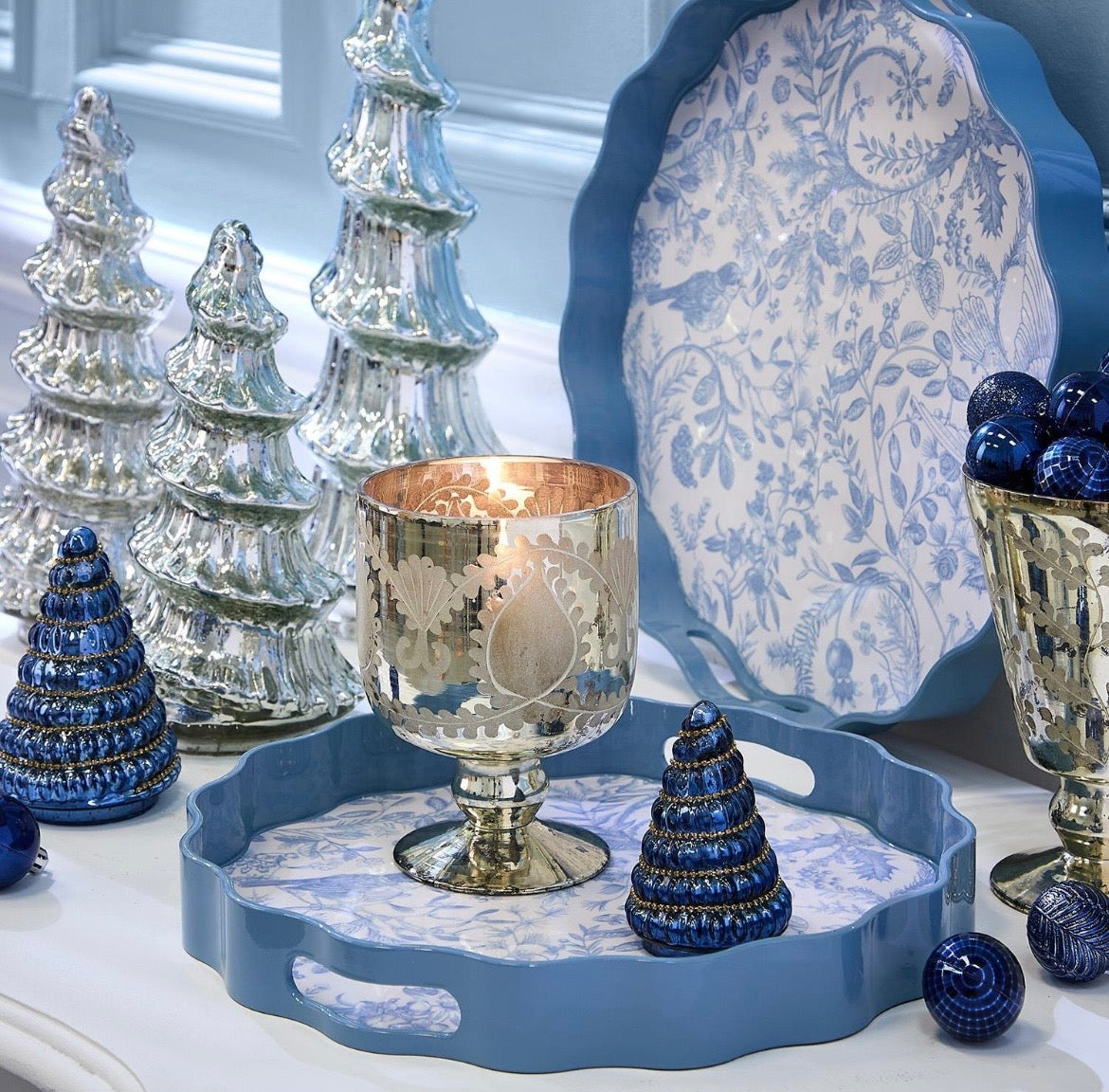 ETCHED MERCURY GLASS CANDLEHOLDER / CACHEPOT ASSORTED 2 STYLES