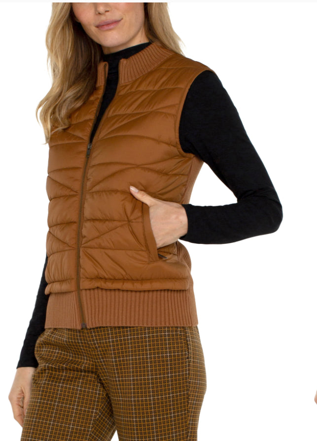 Sleeveless Quilted Full Zip Sweater Vest-Tumeric
