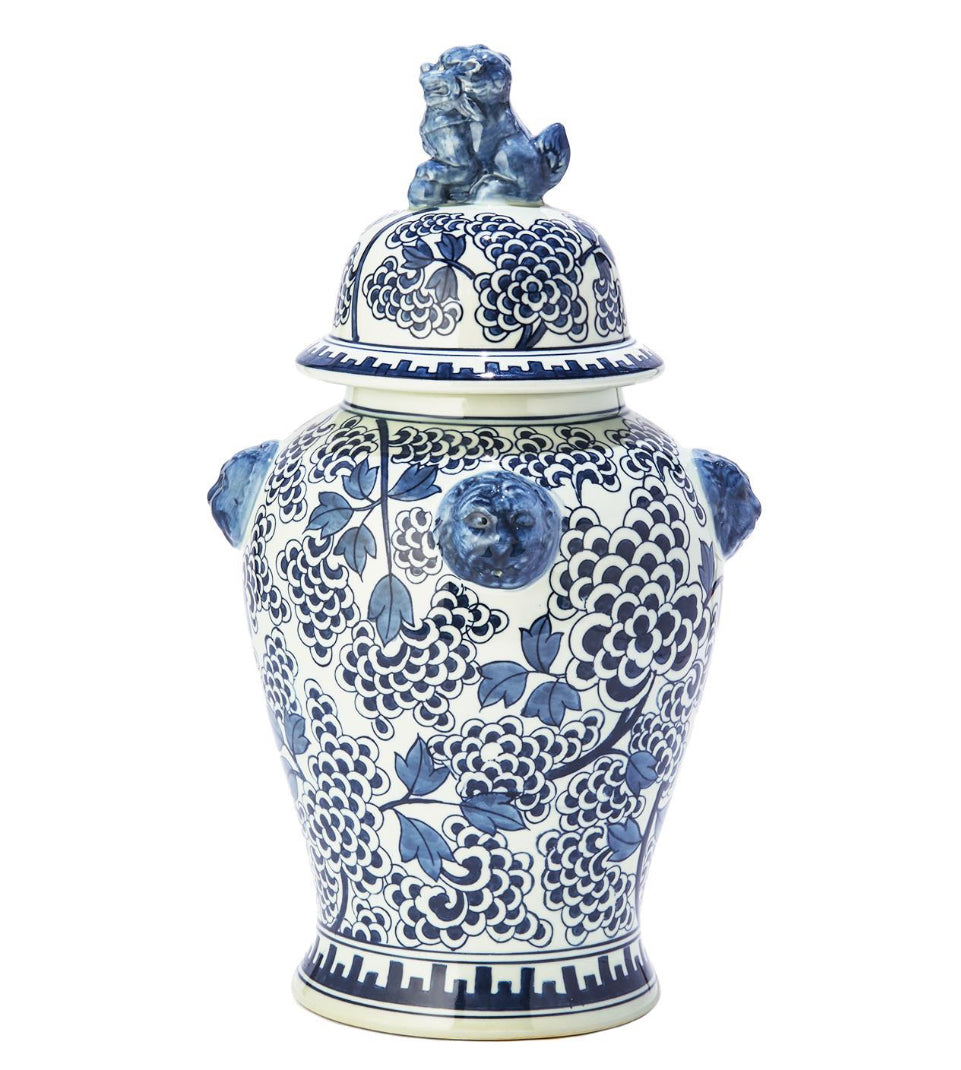 Blue and White Peony Flower Temple Jar