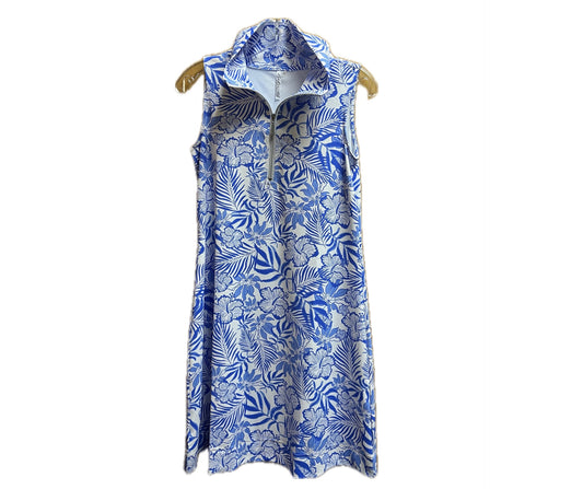 Sleeveless Zip Neck Dress-Blue/White