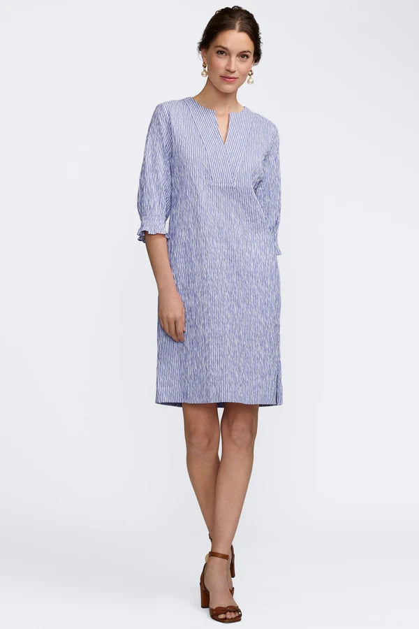 Alicia Crinkle Jacquard 3/4 Sleeve Dress-Blue/White