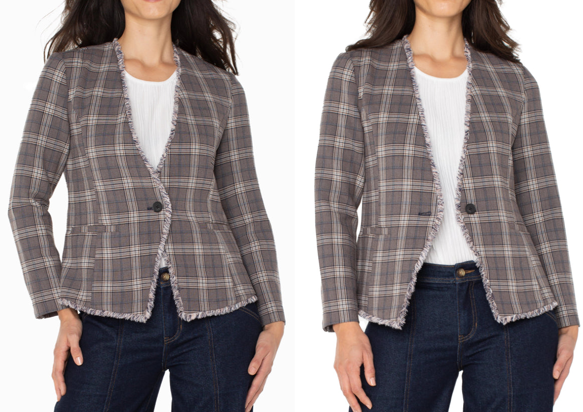 Collarless Fitted Blazer w Fray-Brown/Navy Check