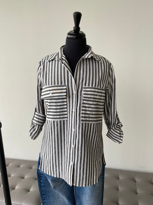 Stripe Button Up Top-White/Charcoal