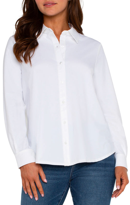 Long Sleeve Button Front Knit Blouse-White