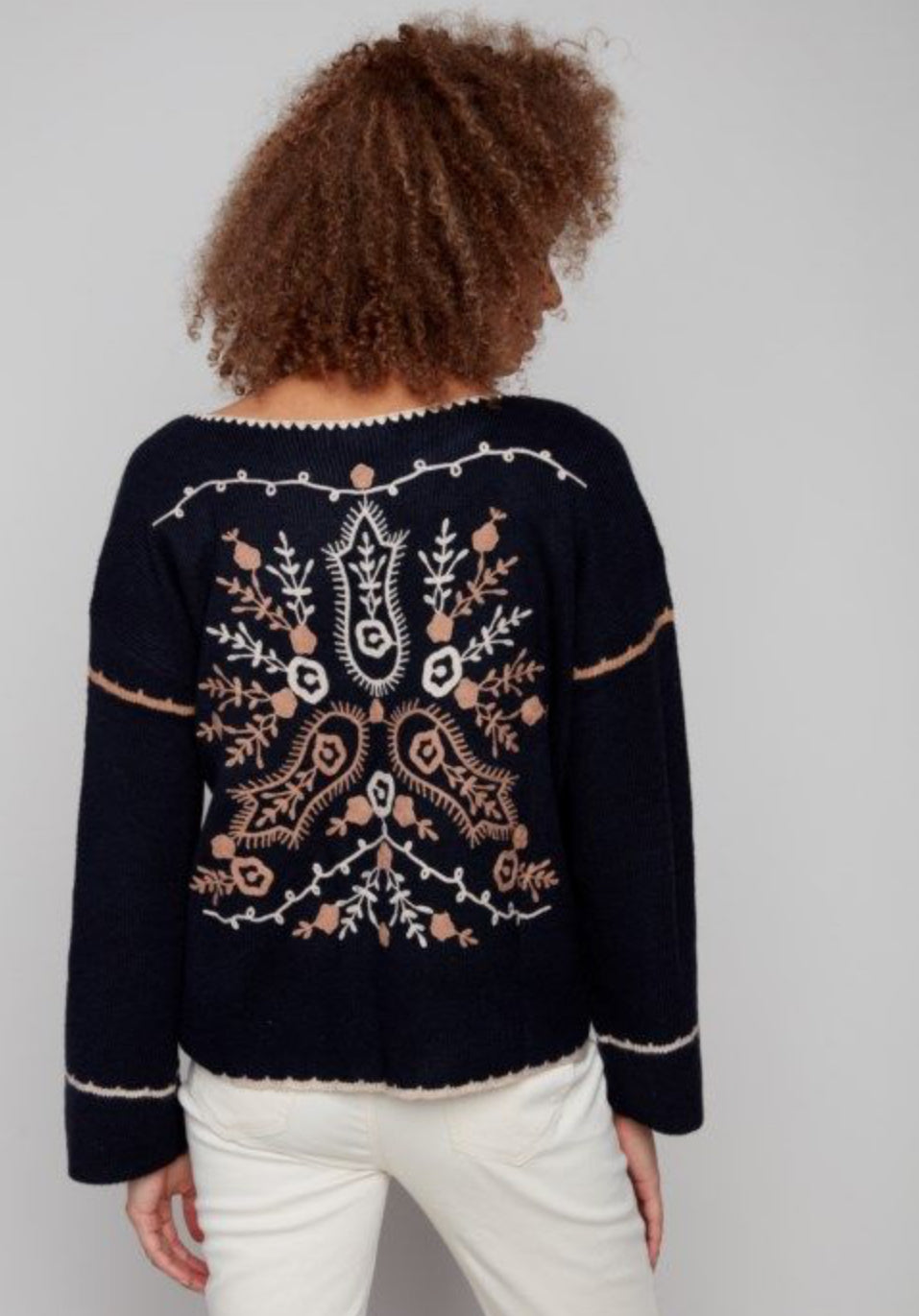 Notched Embroidered Sweater-Navy