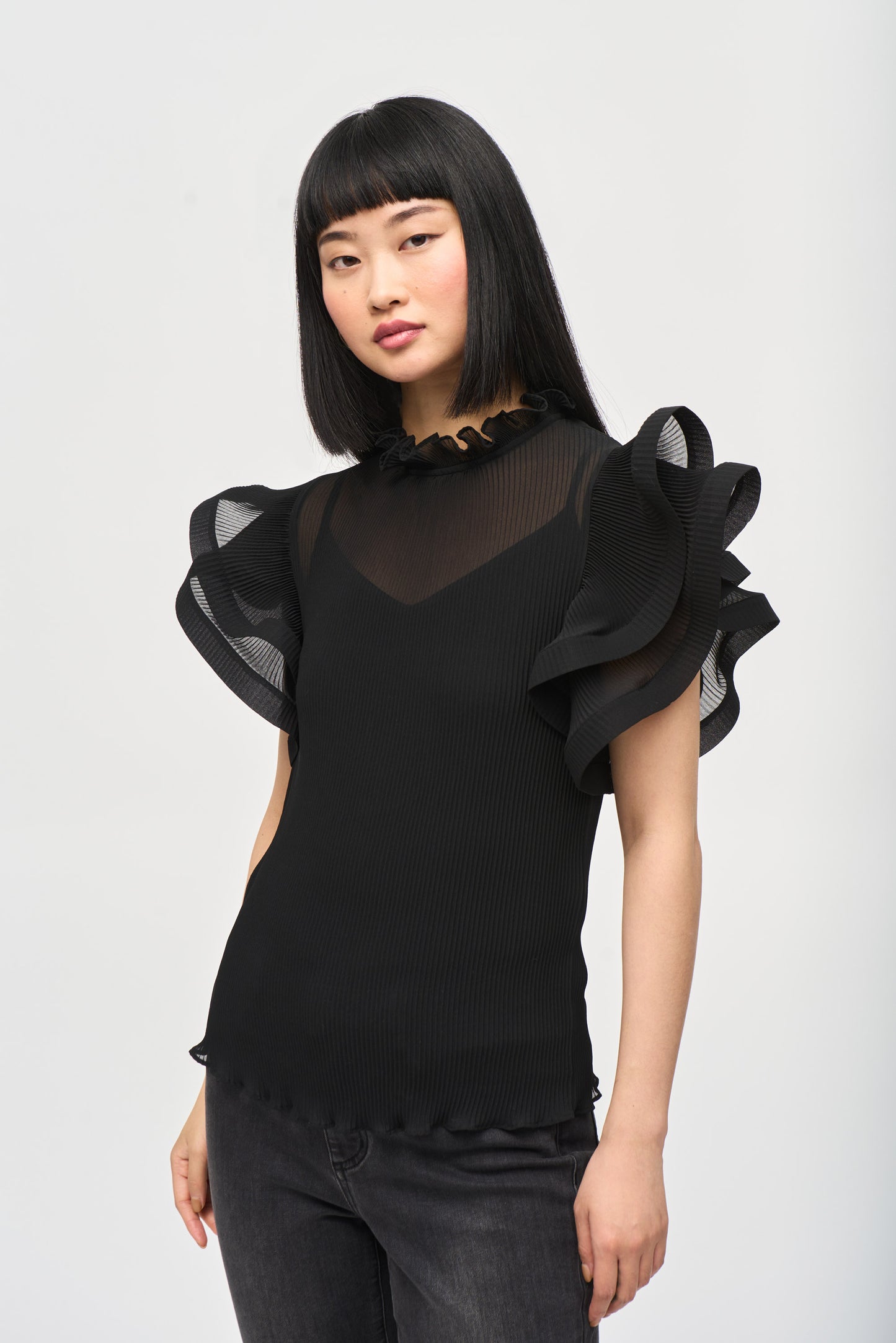 Chiffon Pleated Top With Ruffled Sleeves - Black