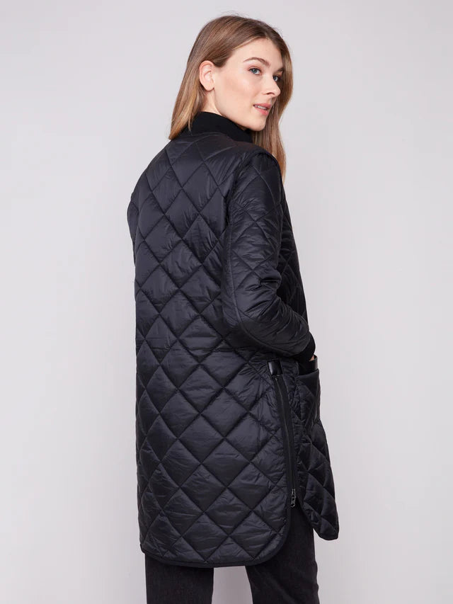 Reversible Long Quilted Puffer Jacket - Black