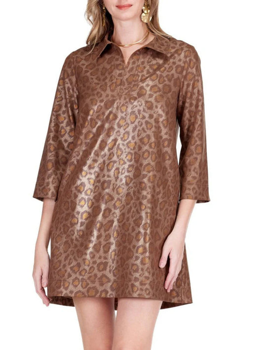 Placket Bell Sleeve Dress-Golden Leopard