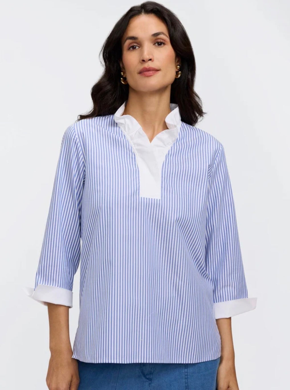 Tammy No Iron Pinpoint Striped 3/4 Sleeve Shirt- Powder Blue/ White