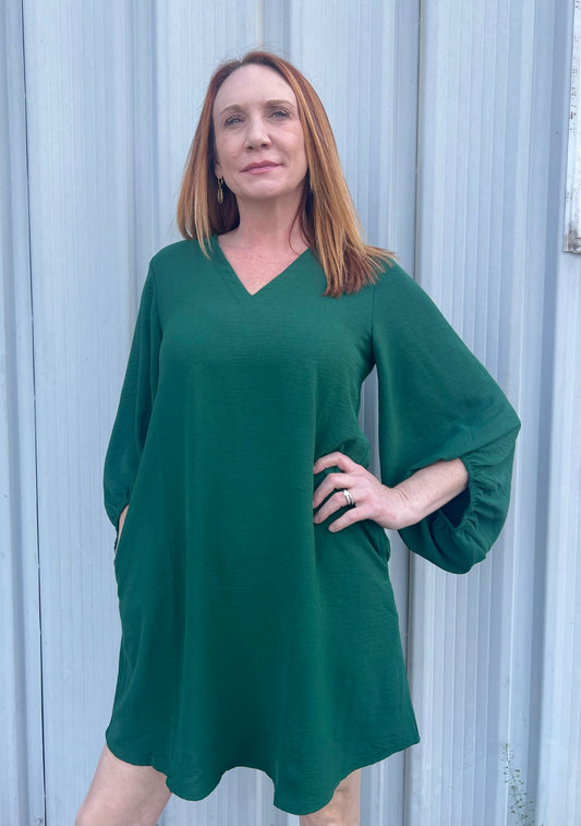 Deep V Neck Dress-Hunter Green