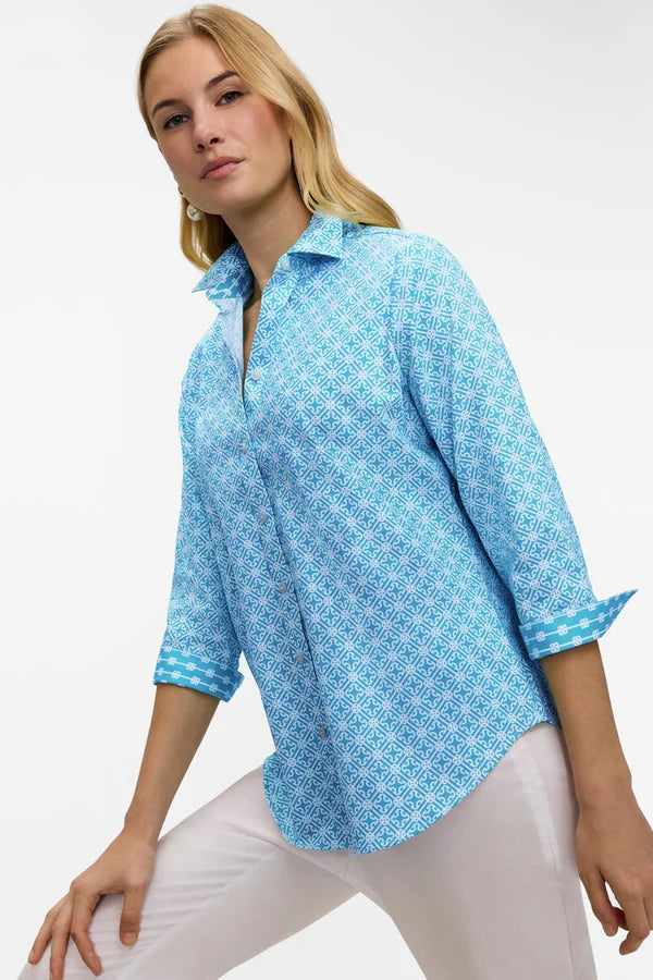 Margie 3/4 Sleeve Shirt-Aqua/White Geo Lattice