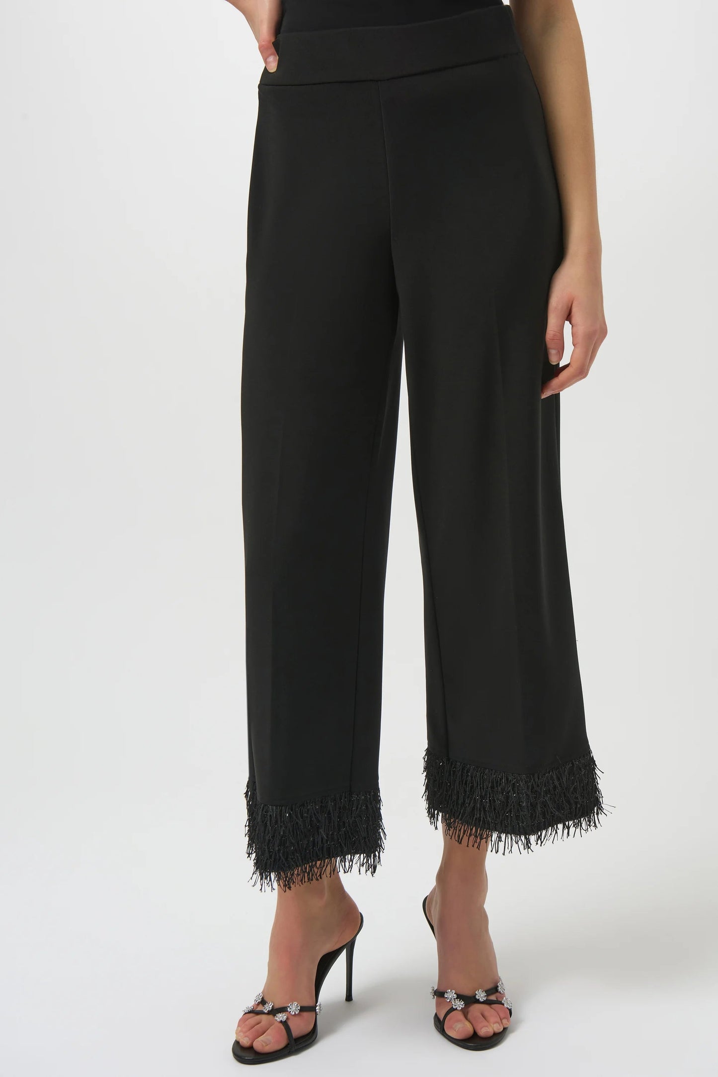 Silky Knit Culotte with Fringe Hem-Black