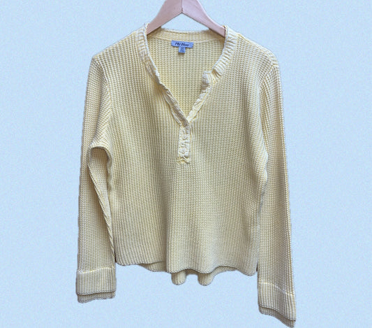 Waffle Button V Neck Top-Mimosa Yellow