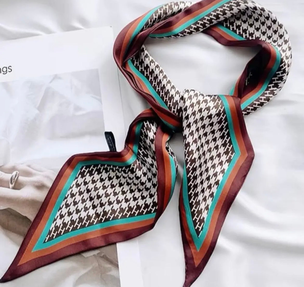 Vintage Houndstooth Long Satin Scarf