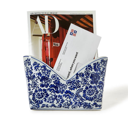 Chinoiserie Hand-Painted Blue and White Floral Letter Holder - Porcelain