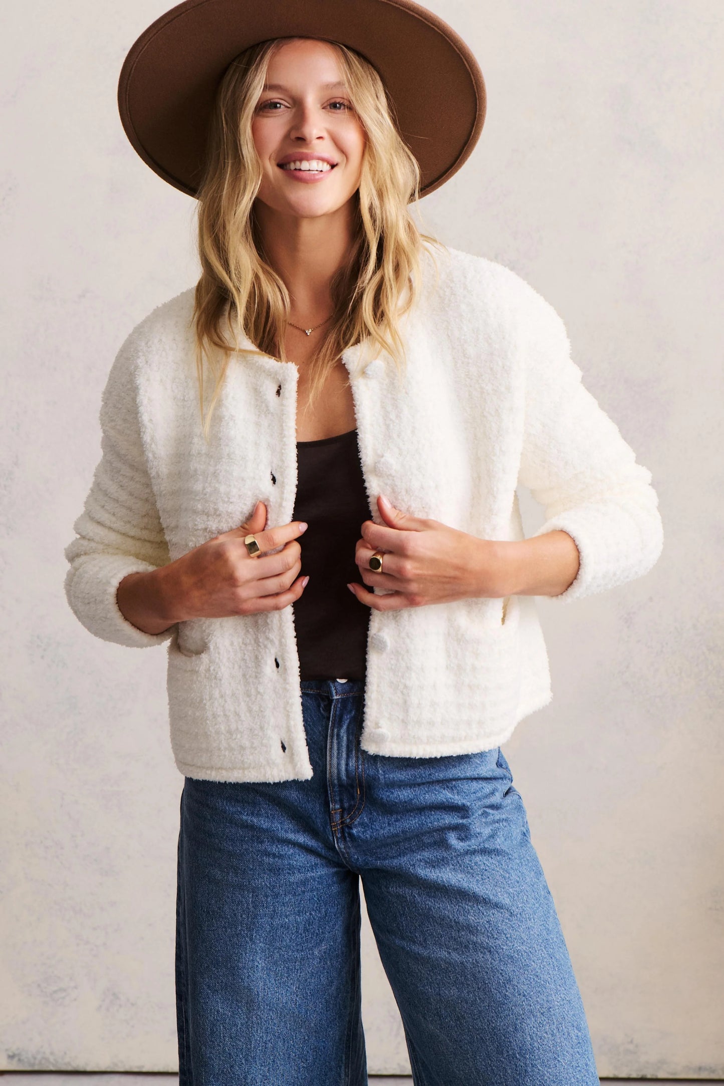 CozyChic Textured Button Front Cardigan-Pearl