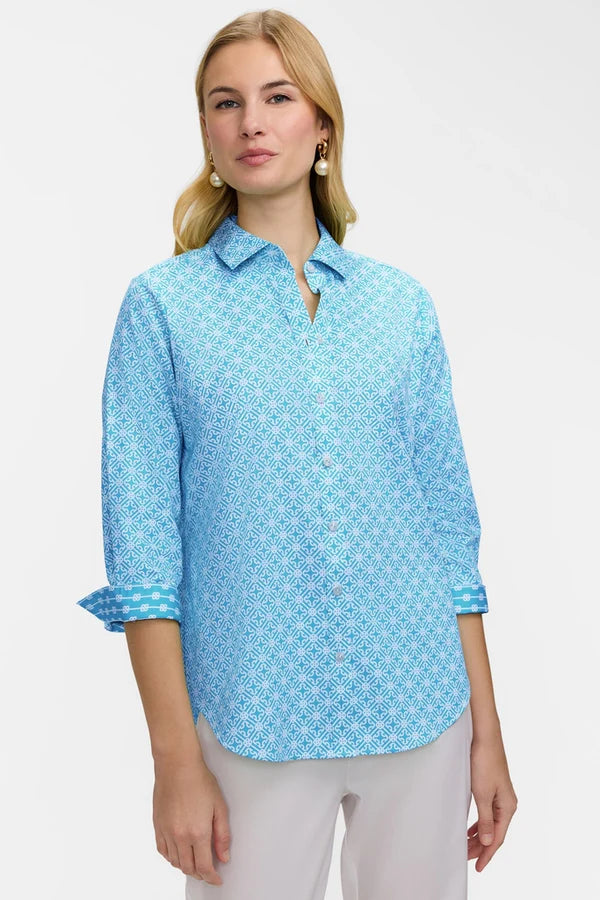 Margie 3/4 Sleeve Shirt-Aqua/White Geo Lattice