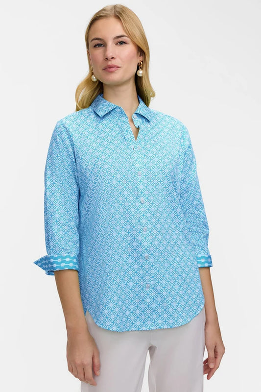 Margie 3/4 Sleeve Shirt-Aqua/White Geo Lattice
