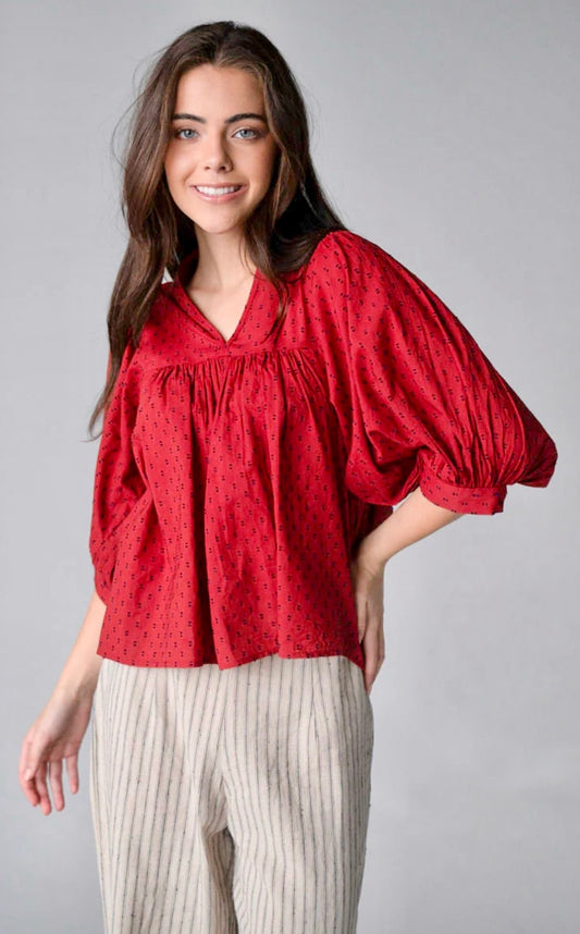 High Neck Top - Burgundy Swiss Dot