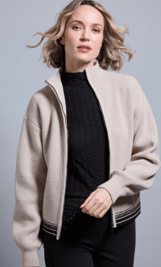 Blythe Zip Up Cozy Rib Sweater-Beige