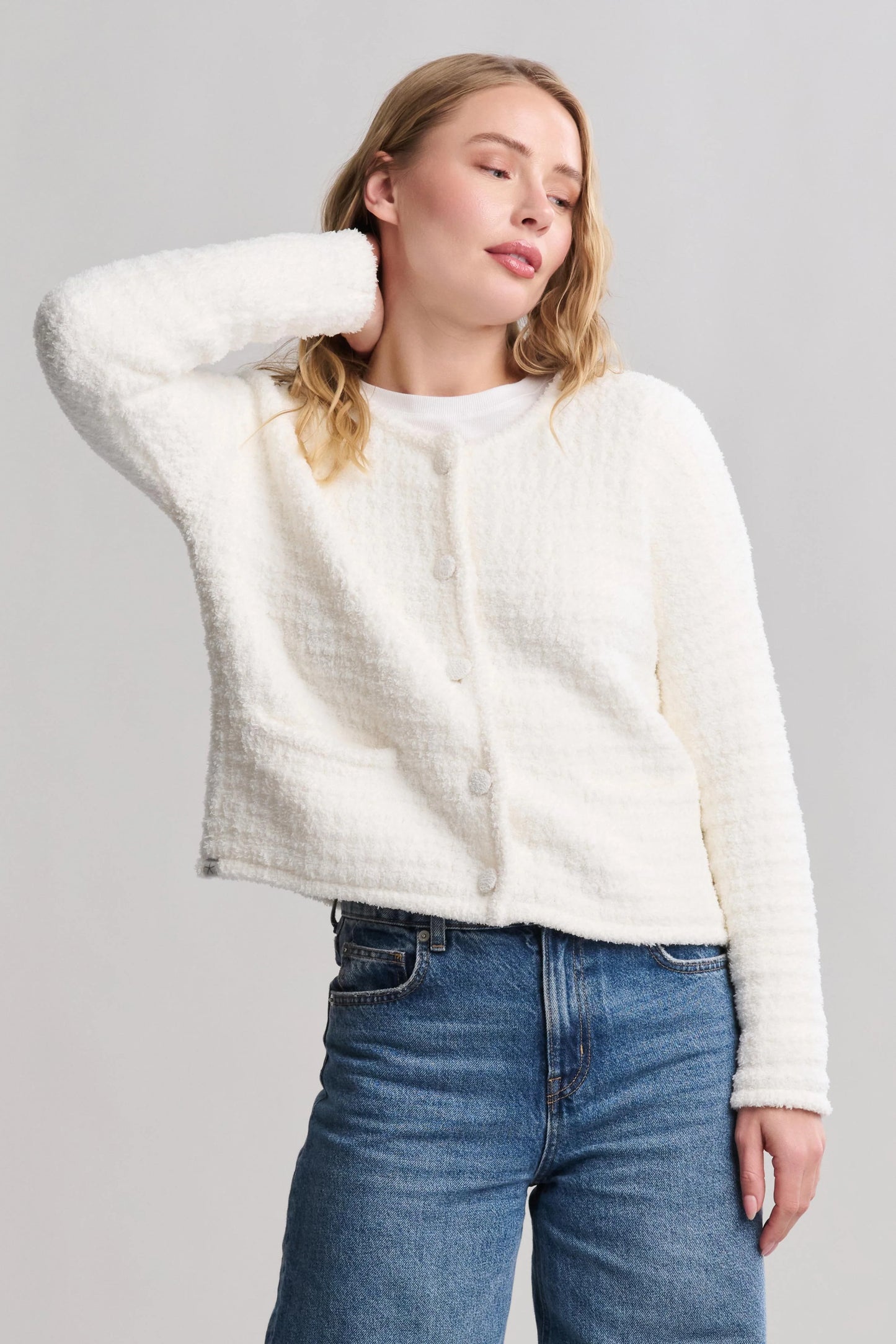 CozyChic Textured Button Front Cardigan-Pearl