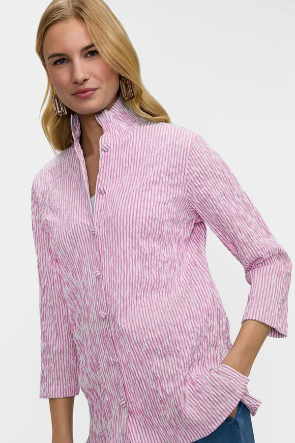 Carolina Crinkle Jacquard 3/4 Sleeve Shirt Jacket-Pink/White