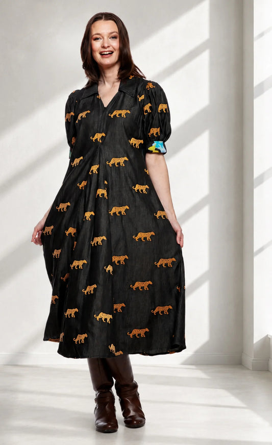 Montauk Dress - Black with embroidered Cheetahs