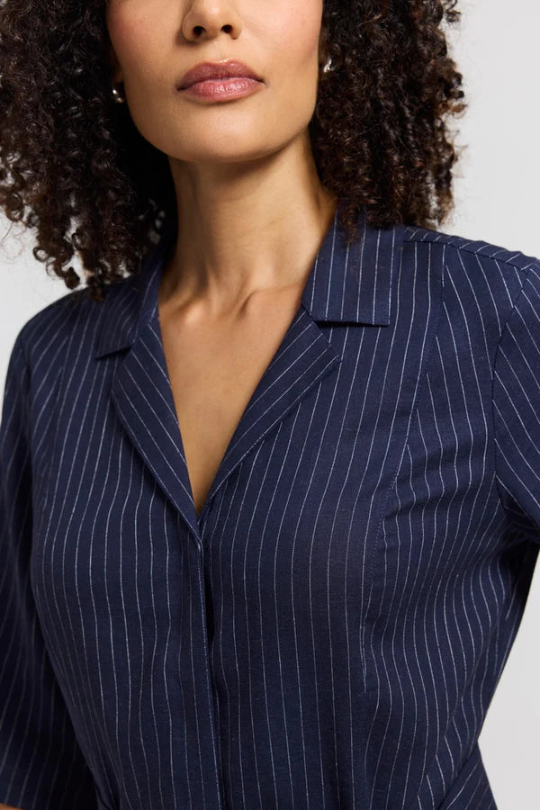 Aniston Pinstripe Linen Short Sleeve Dress-Navy