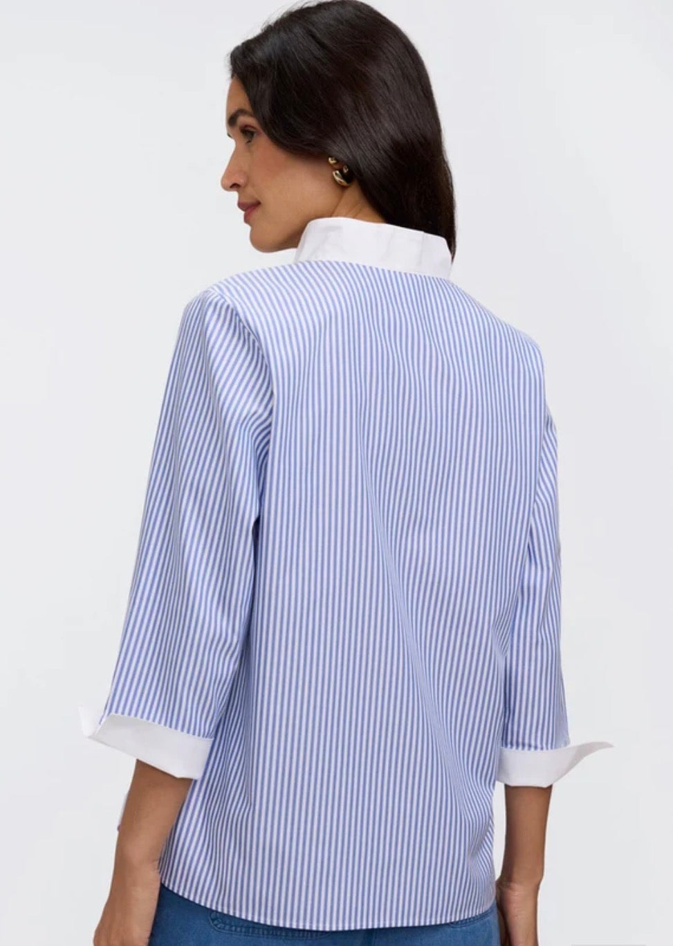 Tammy No Iron Pinpoint Striped 3/4 Sleeve Shirt- Powder Blue/ White