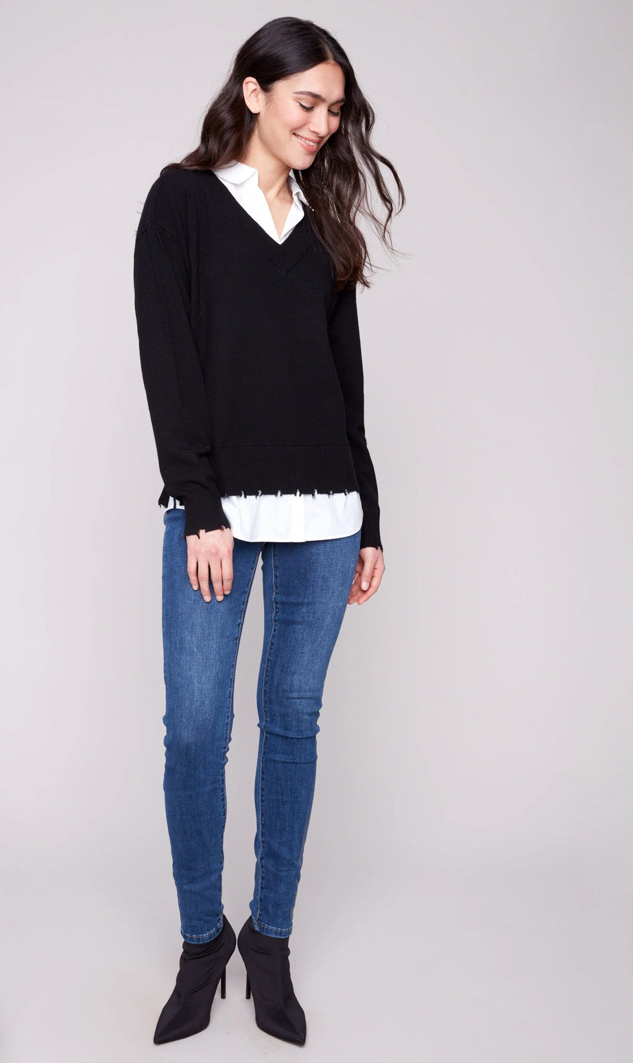 V-Neck Fooler Sweater With Shirt Collar-Black