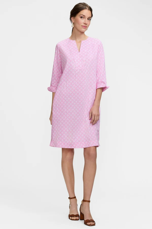 Vena Geo Lattice 3/4 Sleeve Dress-Pink/White