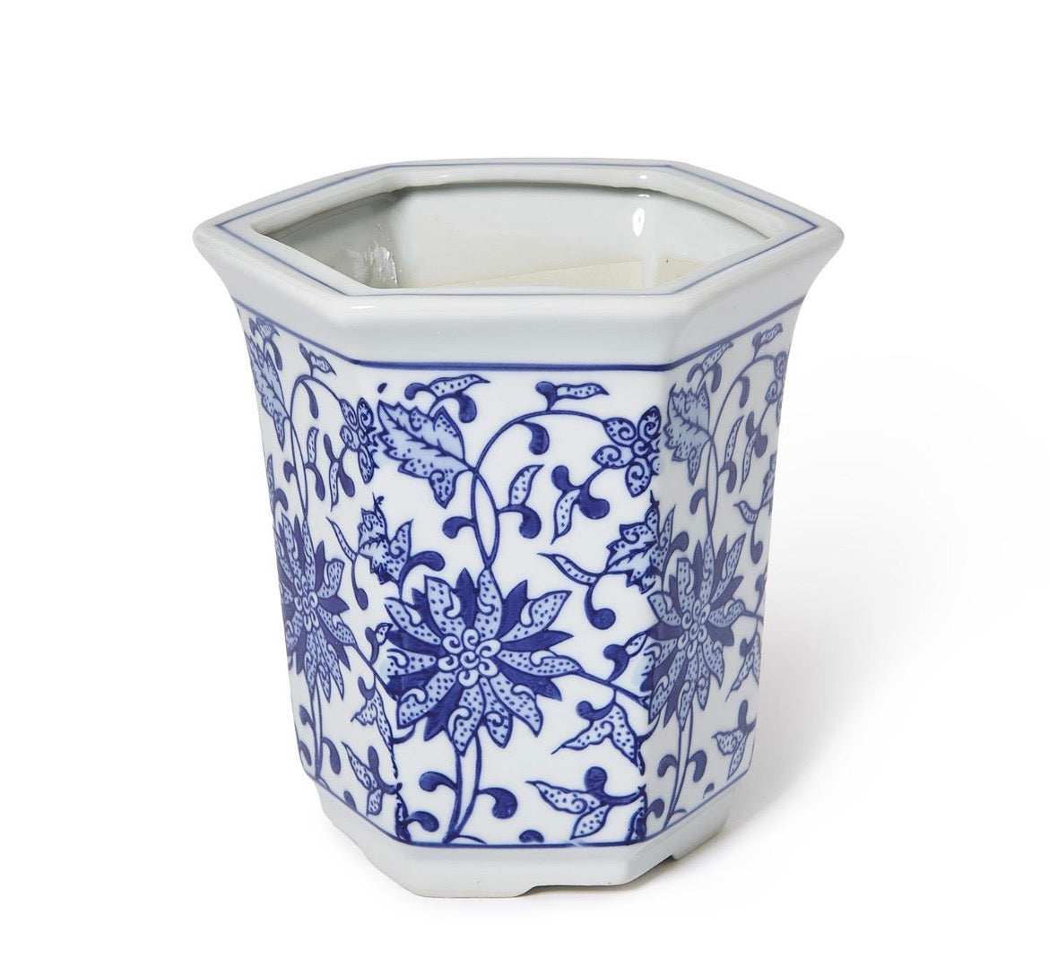 Blue and White Hexagon Cachepot Vase