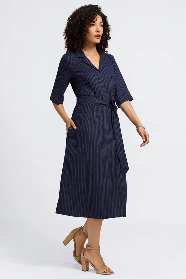 Aniston Pinstripe Linen Short Sleeve Dress-Navy