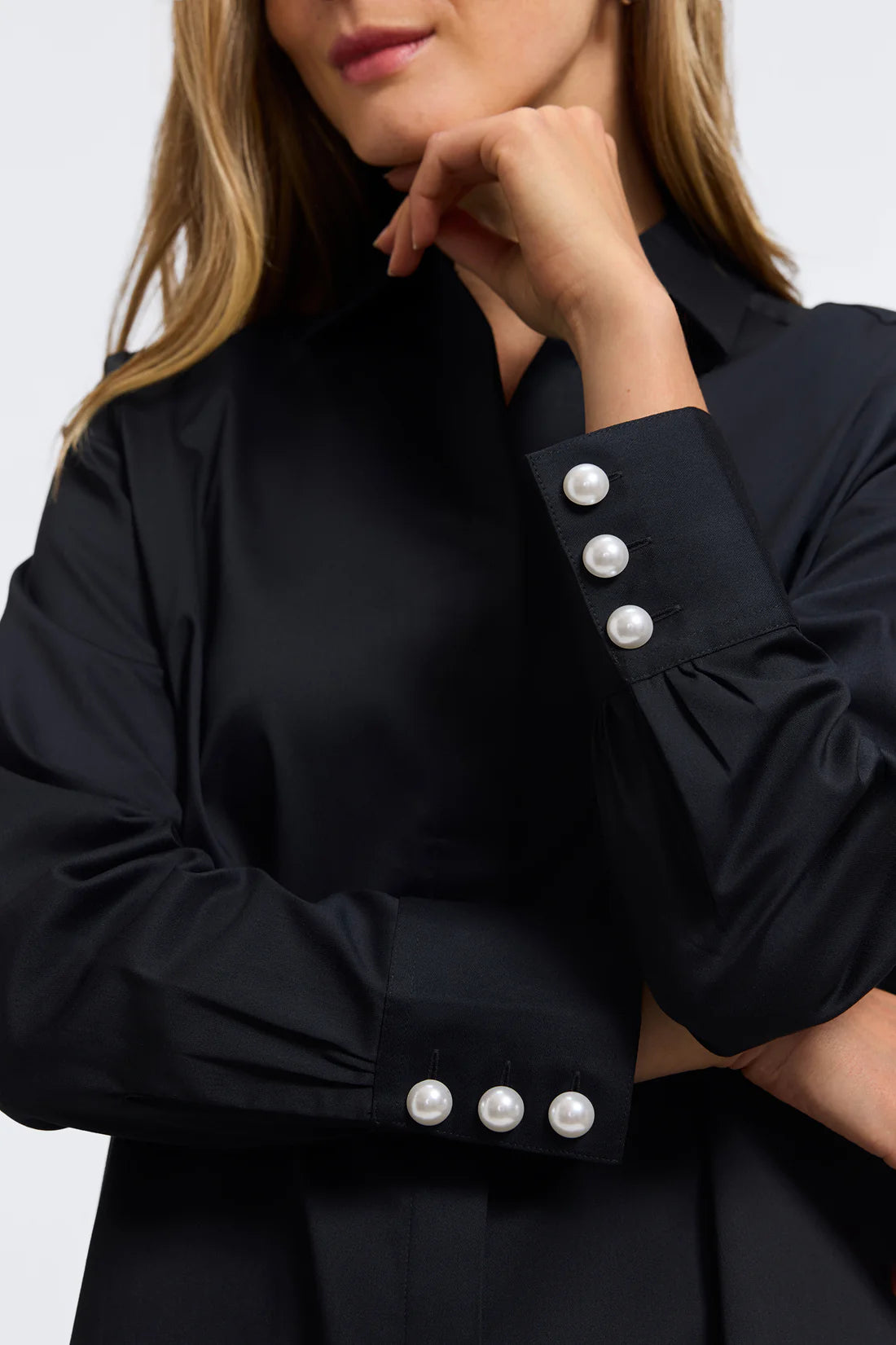 Pearl Stretch Woven Collared Long Sleeve