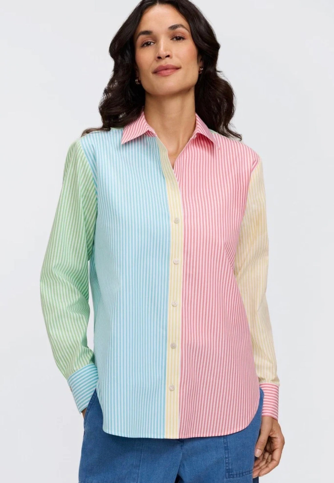 Meghan No Iron Pinpoint Stripes Long Sleeve Shirt- Mixed Stripes