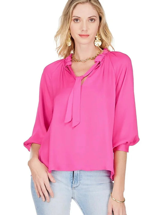 Runch Neck Peasant Top - Fuchsia