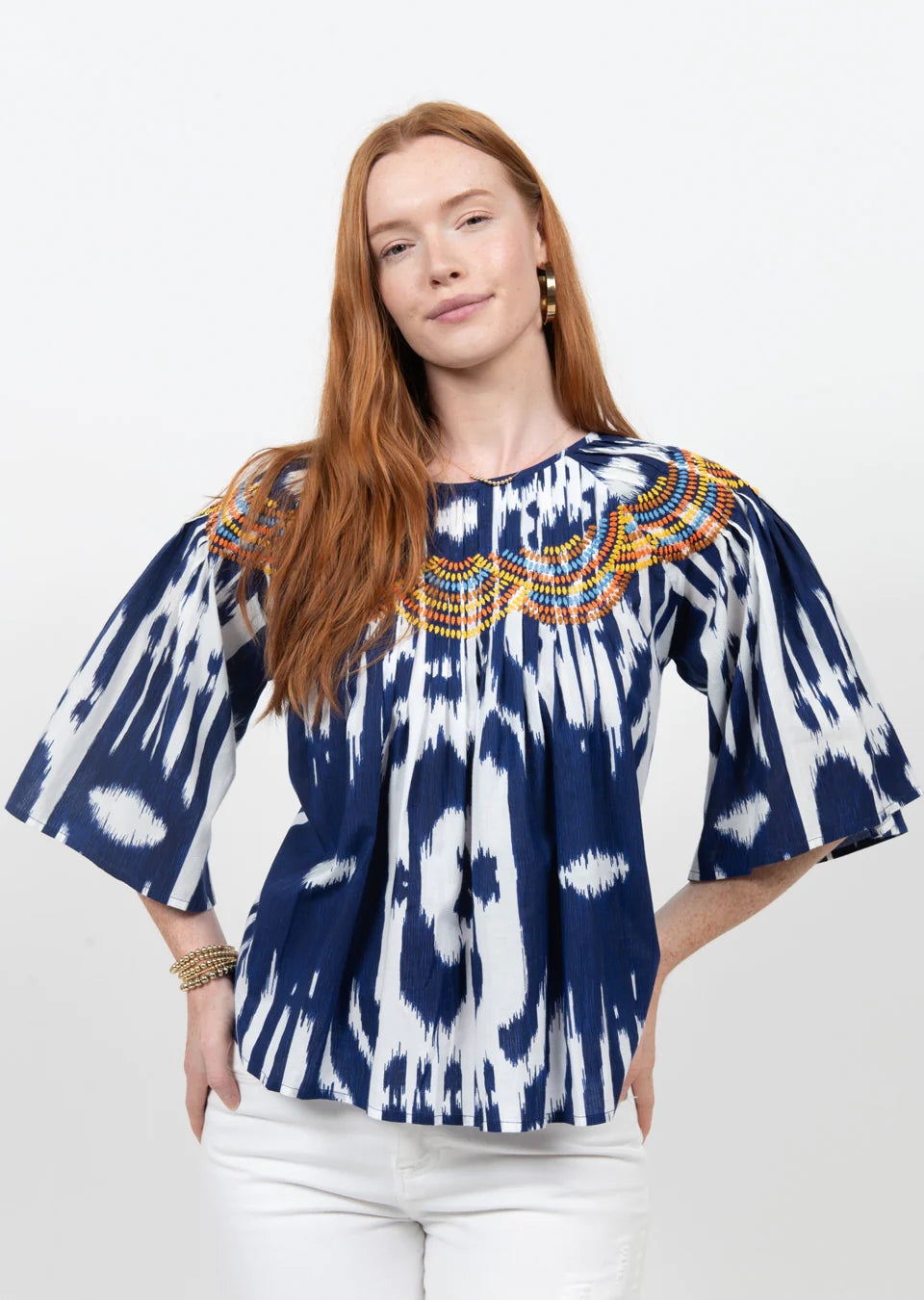 Ikat Stitched Top - Navy